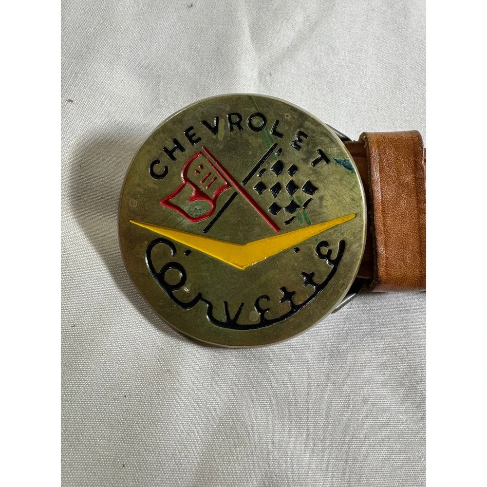 Vintage Chevrolet Corvette Brass Buckle Tooled Leather Belt Mens Brown Chevy